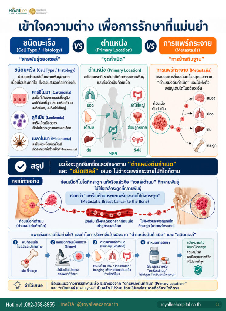ความแตกต่างระหว่างชนิดมะเร็ง vs ตำแหน่งมะเร็ง และการแพร่กระจาย